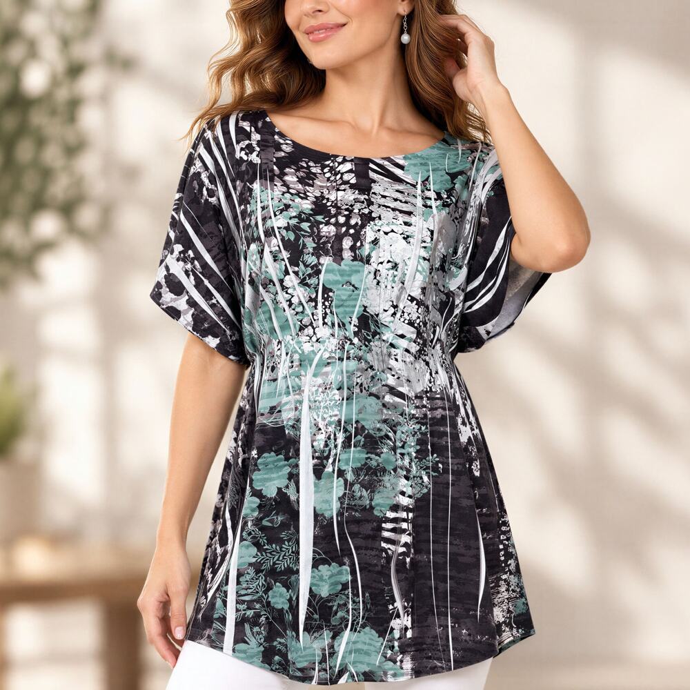 Style&Co Whimsigoth Tunic Blouse Women L Floral Silver Teal Flowy Boho Romantic